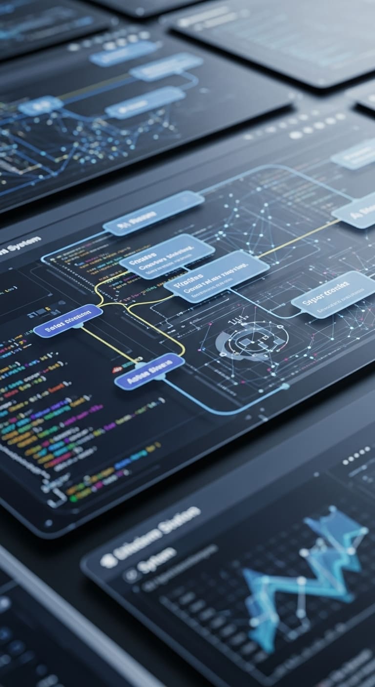 Digital workflow diagram showing automated data connections between business systems, symbolizing integration and AI-powered processes.