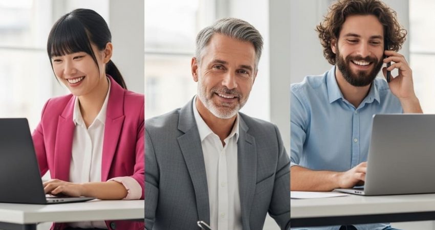 Diverse business professionals collaborating with laptops and video calls, representing Optic's ideal users across manufacturing and operations.